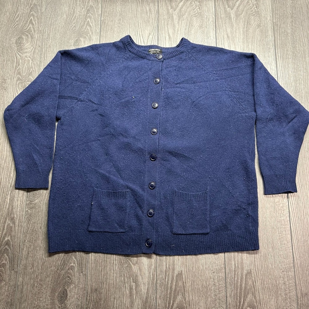 Vintage 1960s Lambswool Cardigan Sweater Medium Navy Blue Pure New Wool Layering